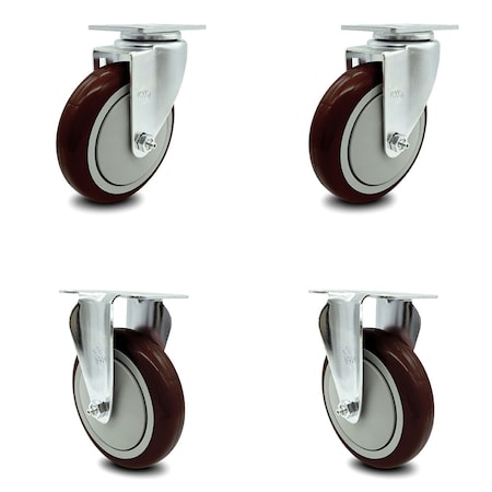 Service Caster 5 Inch Maroon Polyurethane Wheel Swivel Top Plate Caster Set with 2 Rigid SCC SCC-20S514-PPUB-MRN-TP3-2-R-2